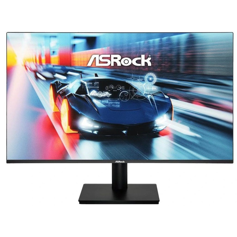 Monitor z grafiką samochodu wyścigowego; logo ASRock u góry.