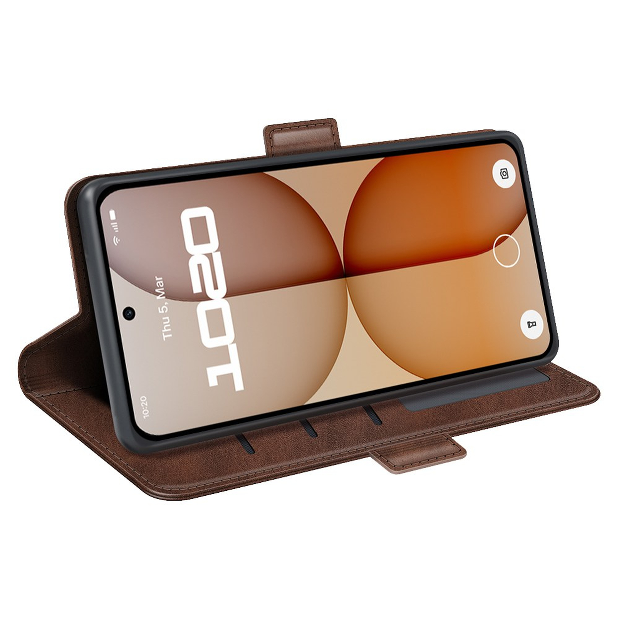Bruine leren flipcase voor smartphone op witte ondergrond.
