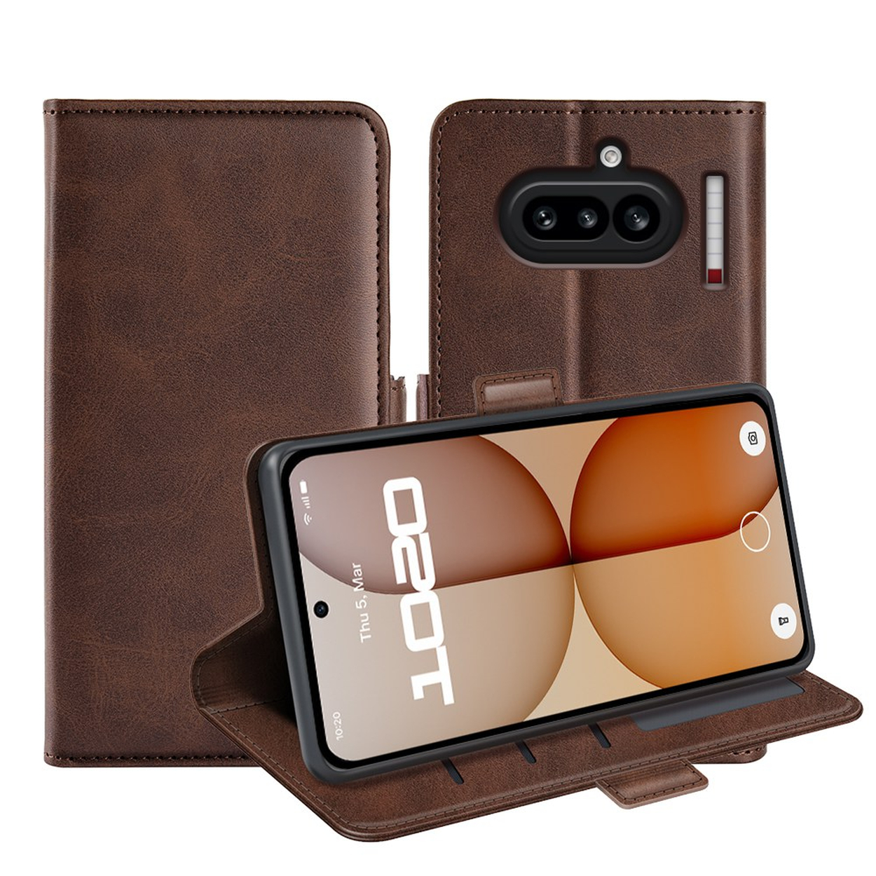 Bruine leren telefoonhoes met een open telefoon die zijn scherm toont.