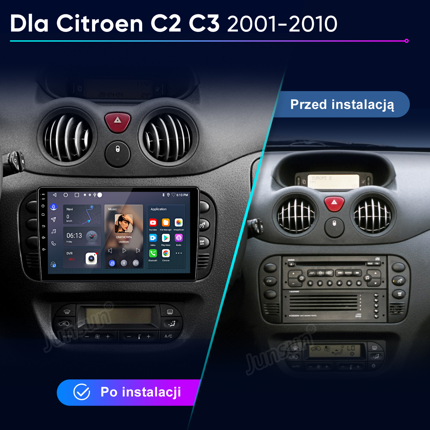 Porównanie desek rozdzielczych Citroën C2/C3: Przed z radiem, po z ekranem dotykowym.