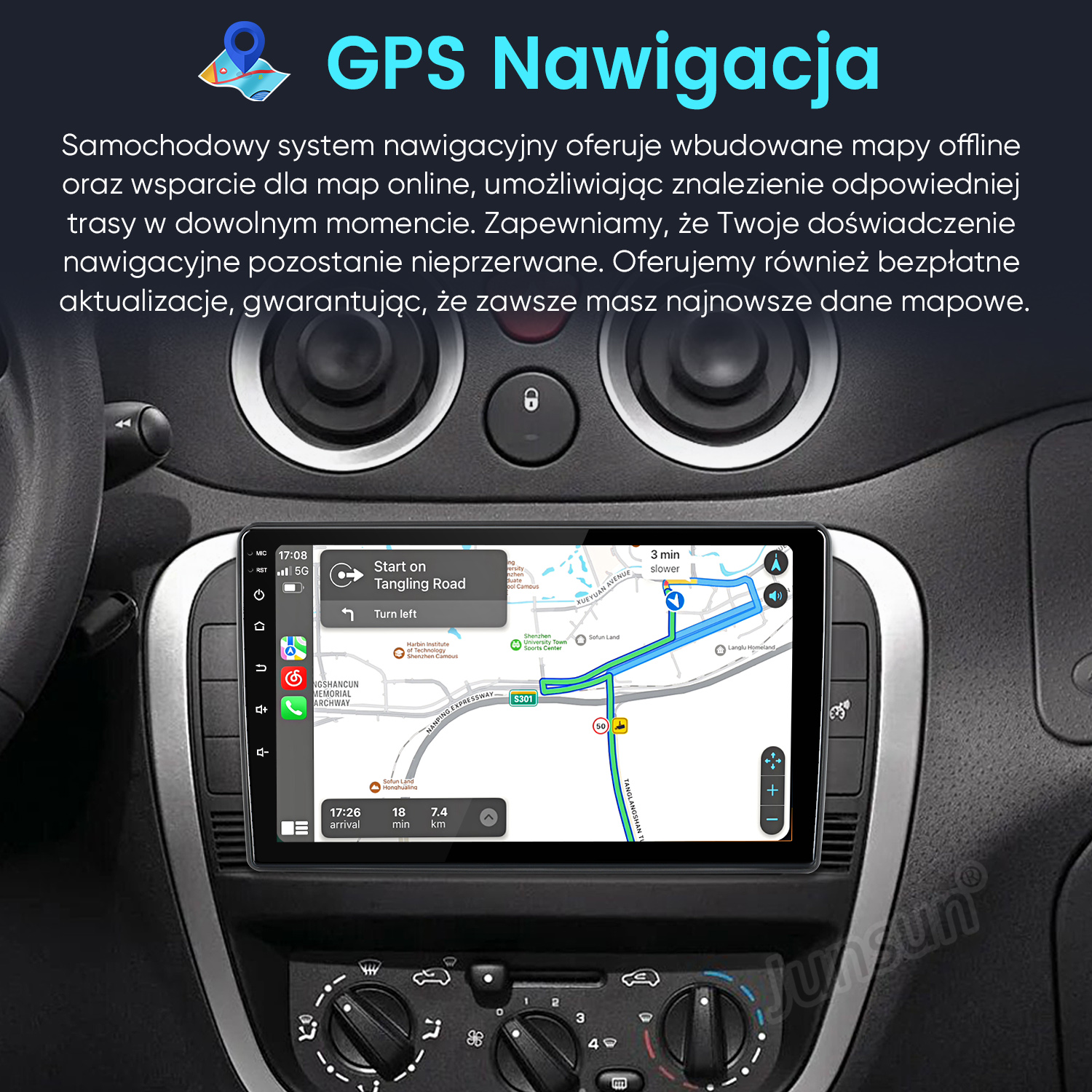 Deska rozdzielcza samochodu z ekranem nawigacji GPS wyświetlającym trasę.