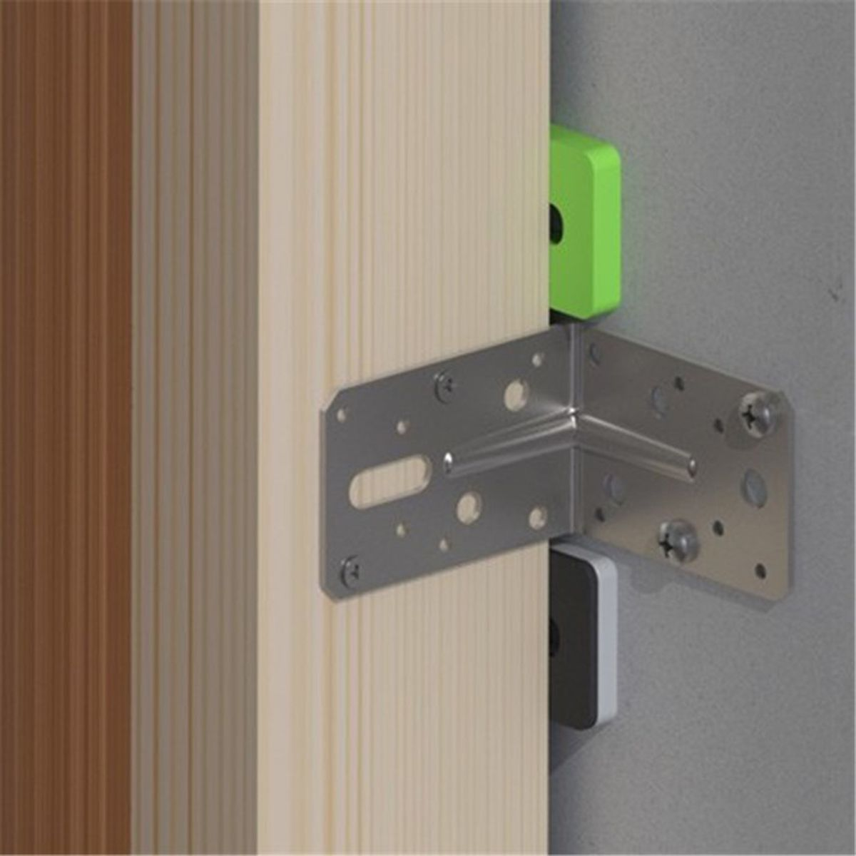 Metal bracket connects wood elements to wall. Green and white blocks are visible.