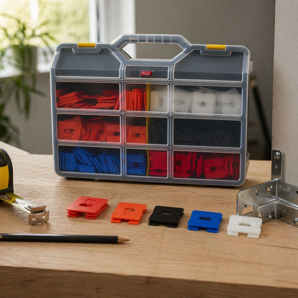 Toolbox with colorful tile wedges, tape measure, pencil, and metal bracket.