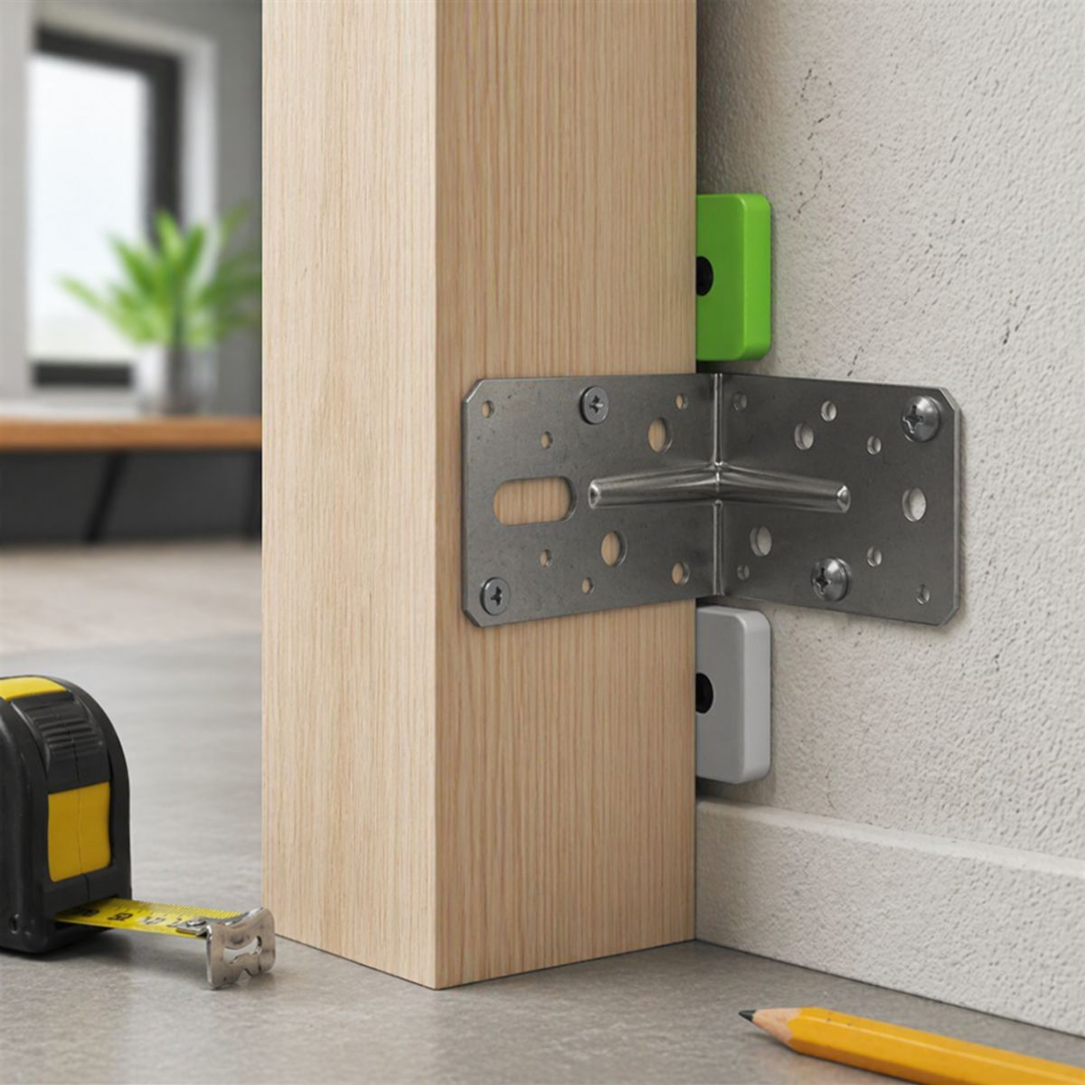 A metal bracket connects a wooden beam to a wall. A tape measure is nearby.