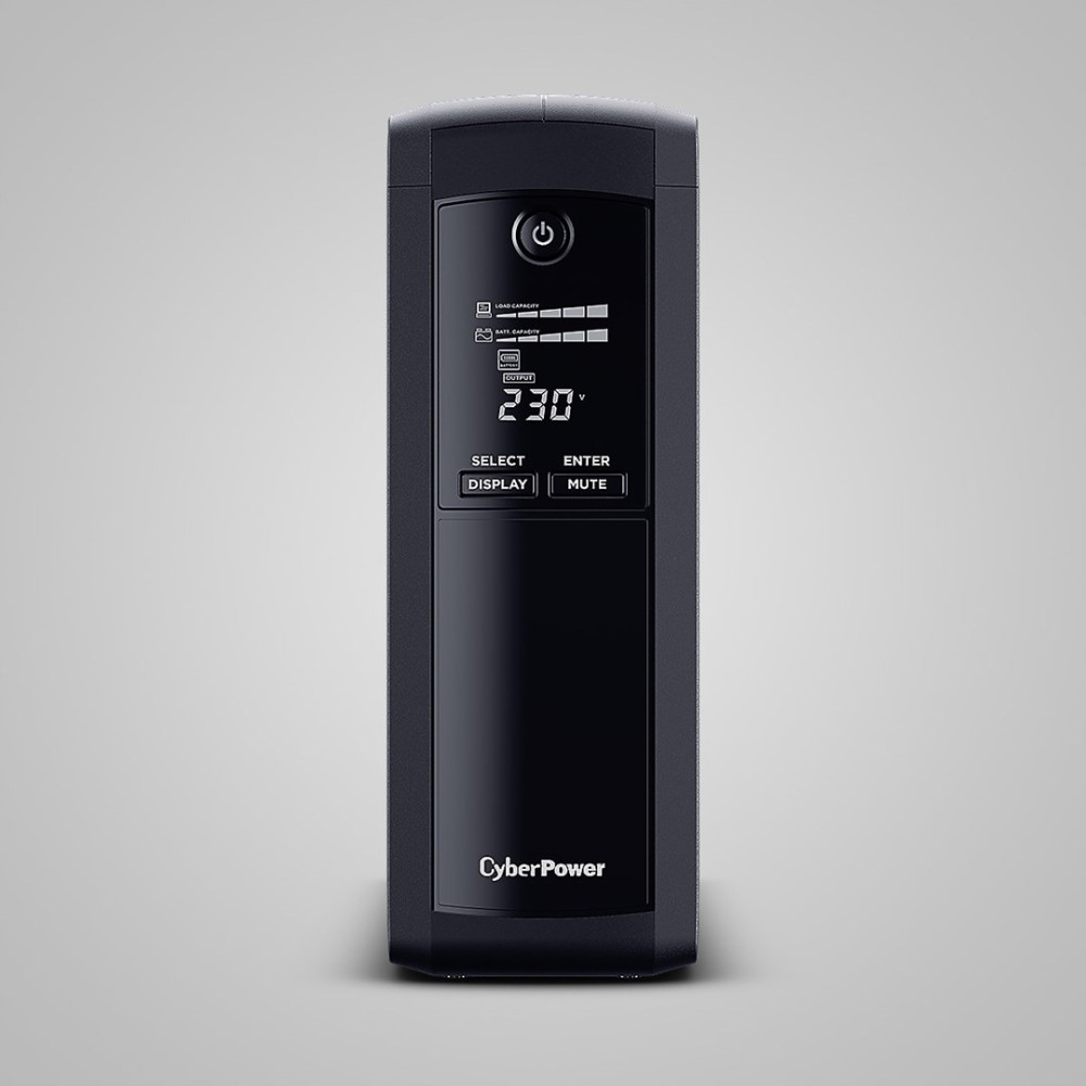 Czarny zasilacz awaryjny CyberPower z ekranem LCD pokazującym 230V wyjścia.