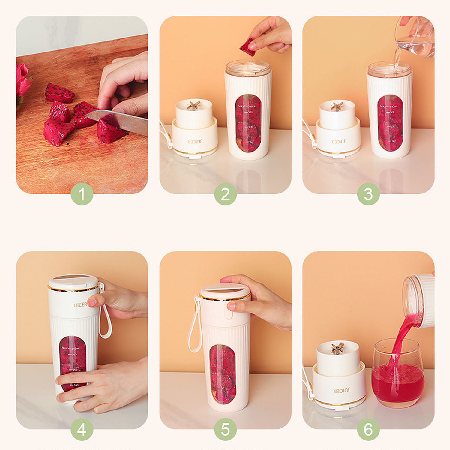 Guía paso a paso para hacer jugo con una licuadora portátil.