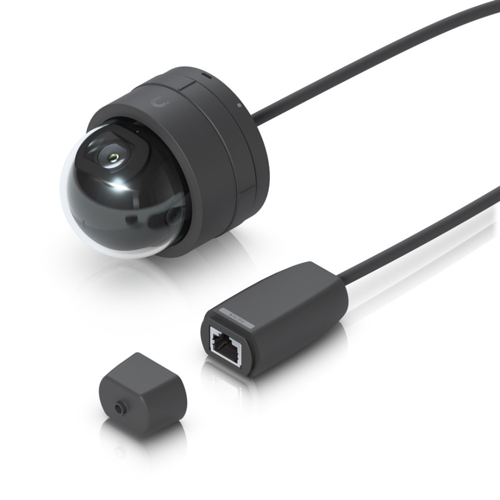 Czarna kamera kopułkowa z przezroczystą kopułą, kablem i adapterem Ethernet.