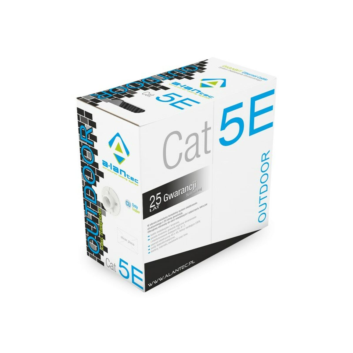 Białe pudełko z niebieskim drukiem, kabel Ethernet Cat 5E Outdoor, 25 lat gwarancji.