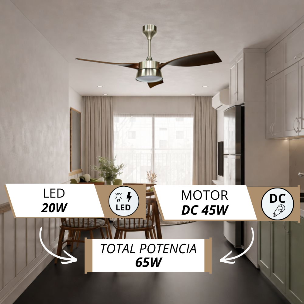 Ventilador de techo con aspas de madera y luz LED, 20W LED, motor DC 45W.