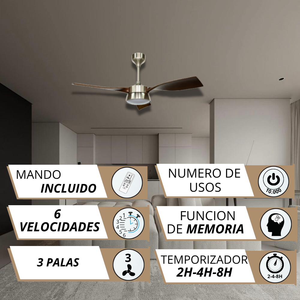 Ventilador de techo con mando, 6 velocidades, 3 aspas, función memoria.
