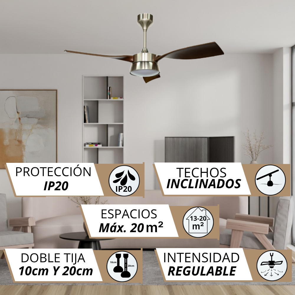 Ventilador de techo con aspas de madera en salón moderno, con recuadros.