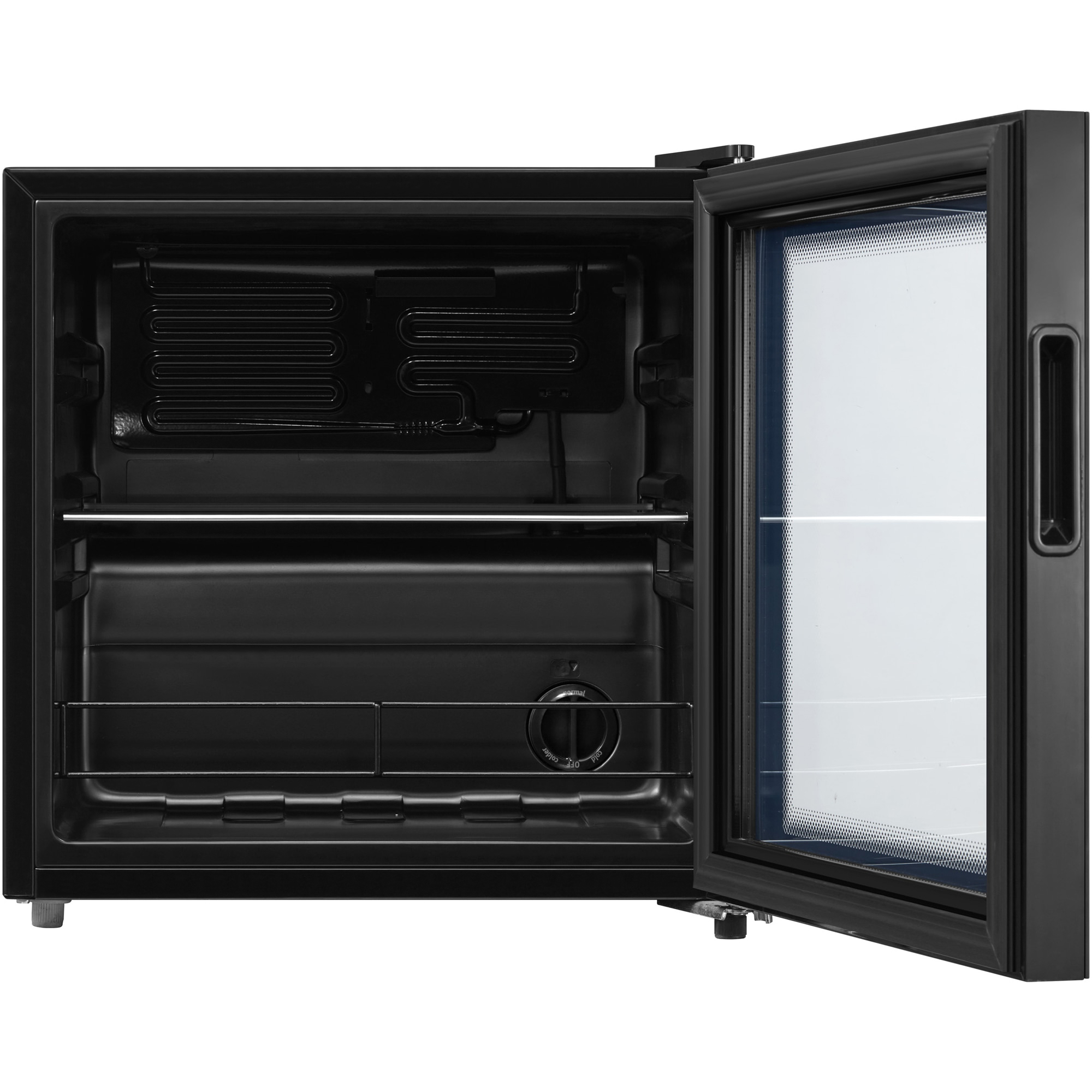 Offener schwarzer Kühlschrank mit Glasfront und einem Regal.