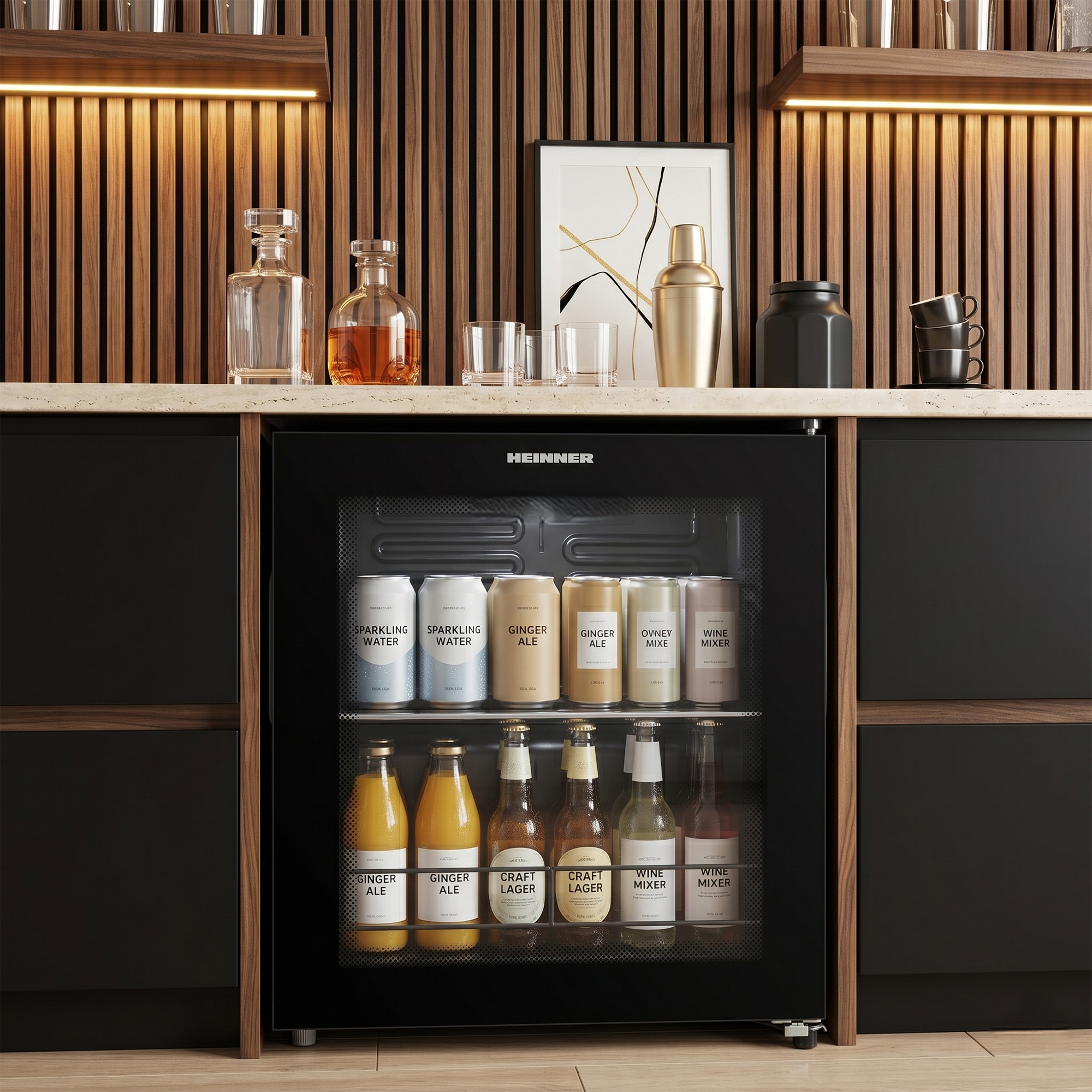 Ein Getränkekühlschrank mit Dosen und Flaschen, darüber eine Bar mit Dekoration.