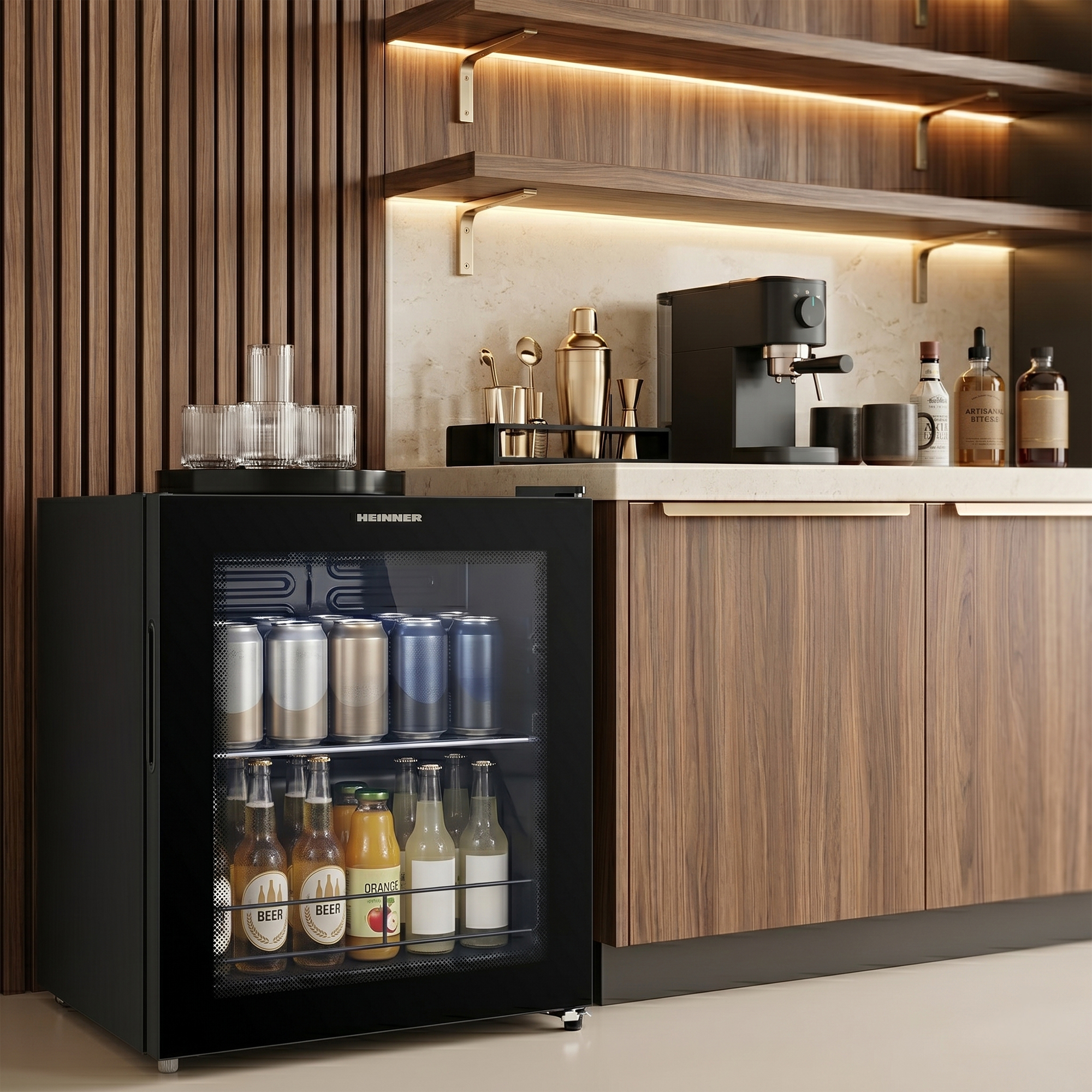 Ein schwarzer Minikühlschrank mit Getränken und einem Kaffeevollautomaten daneben.