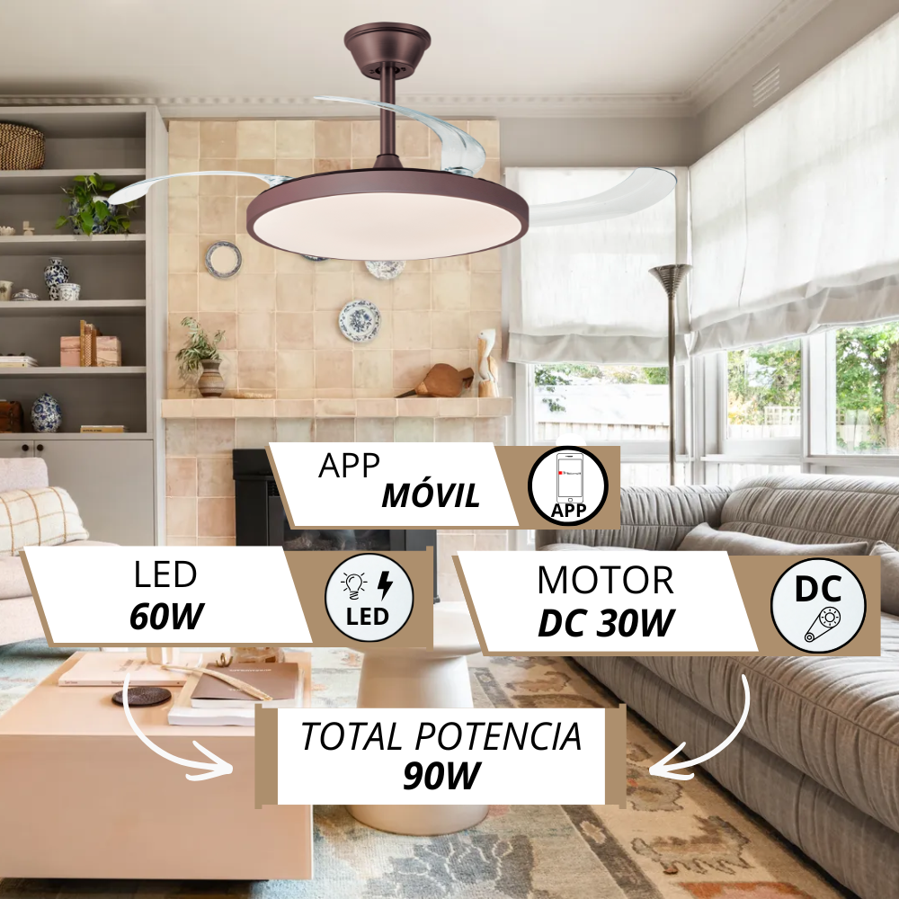 Ventilador de techo con luz: LED 60W, Motor DC 30W, Potencia Total 90W. Control App.