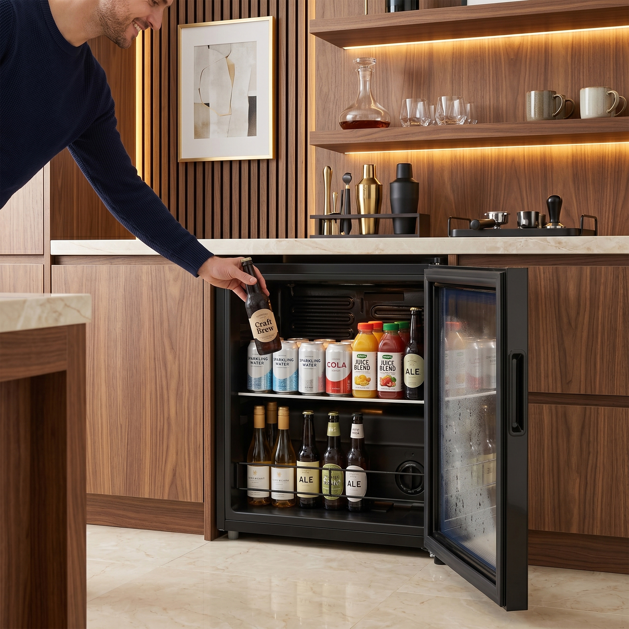 Mann stellt Flasche in Minikühlschrank mit Dosen, Flaschen und Saft.