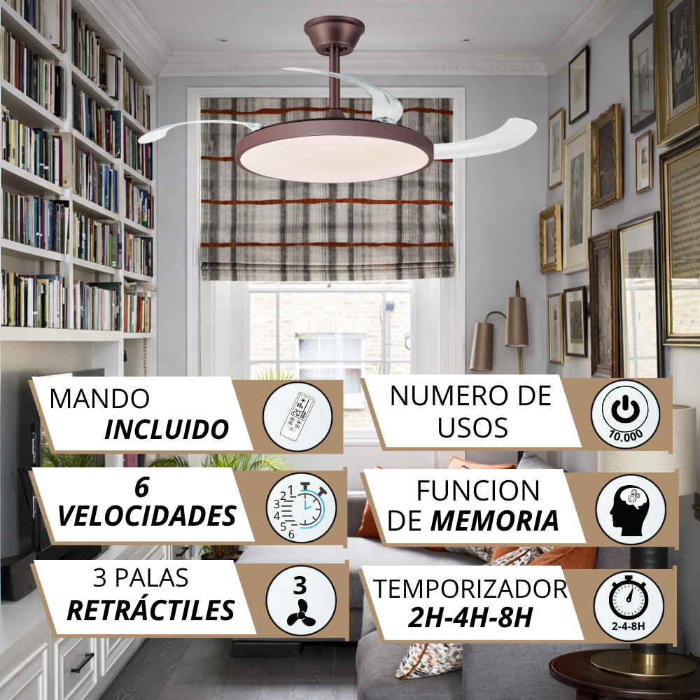 Ventilador de techo con luz y mando, 6 velocidades, 3 aspas retráctiles.