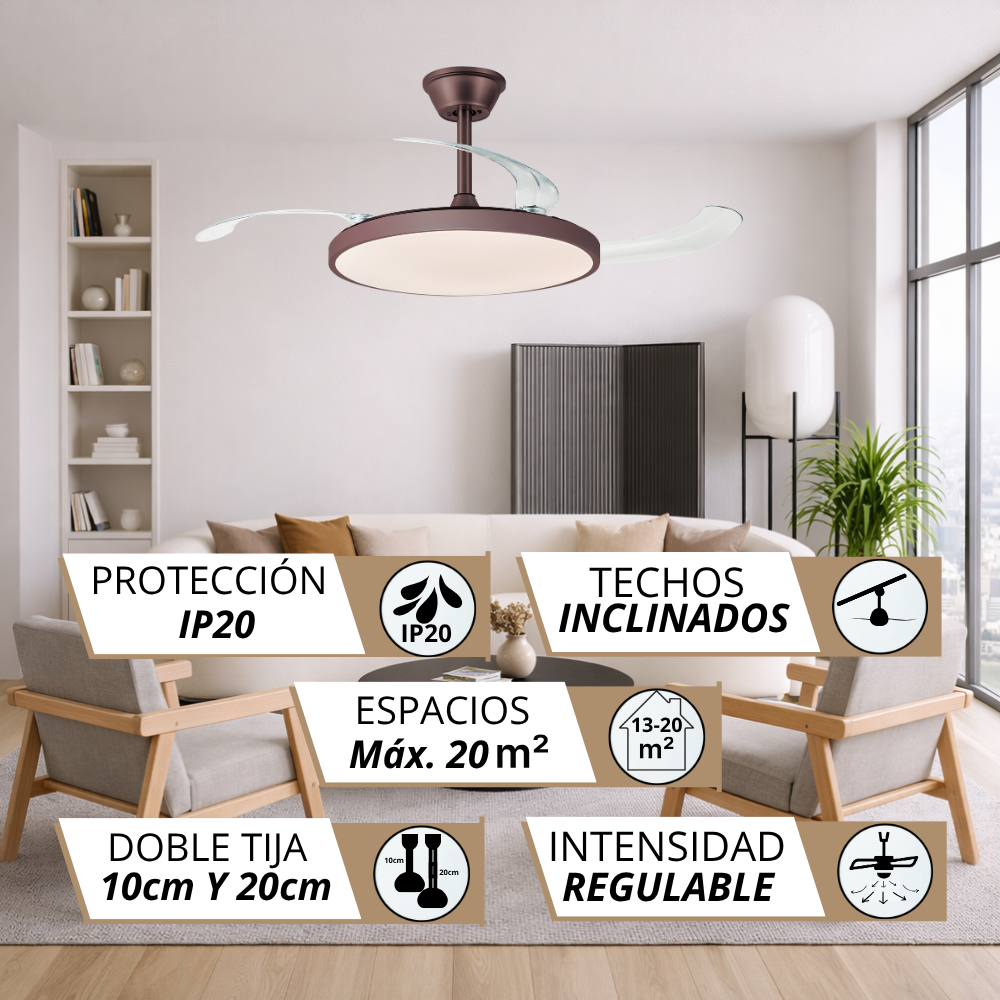Ventilador de techo moderno con luz en sala. Tiene IP20, techo inclinado, 20m² y velocidad ajustable.