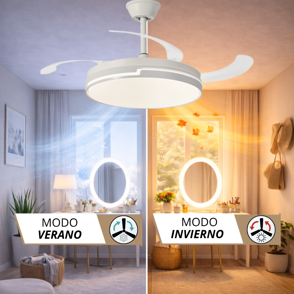Ventilador de techo con luz en modo verano e invierno, mostrando flujo de aire y hojas.