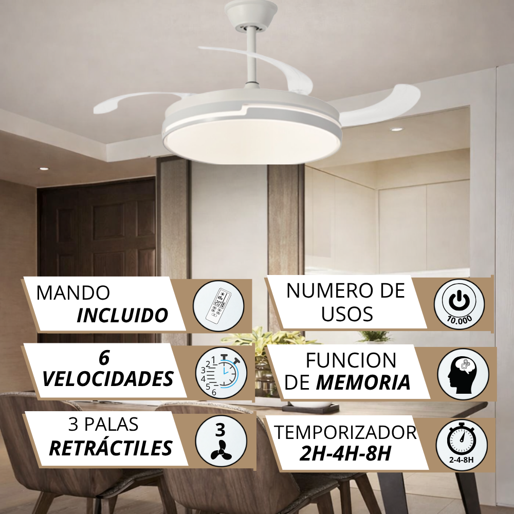 Ventilador de techo moderno con luz, mando, 6 velocidades, 3 aspas retráctiles.