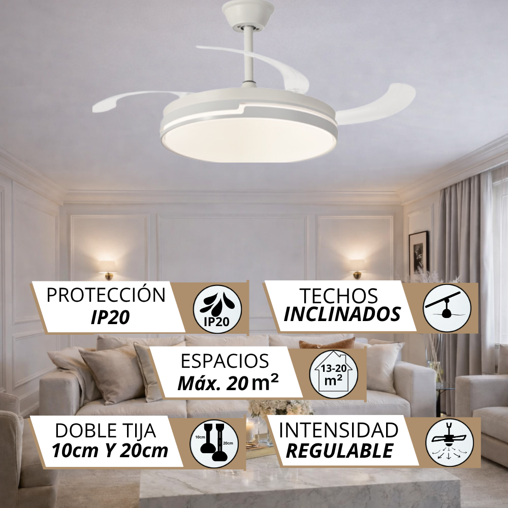 Ventilador de techo blanco con luz, para habitaciones hasta 20m², IP20, techos inclinados.