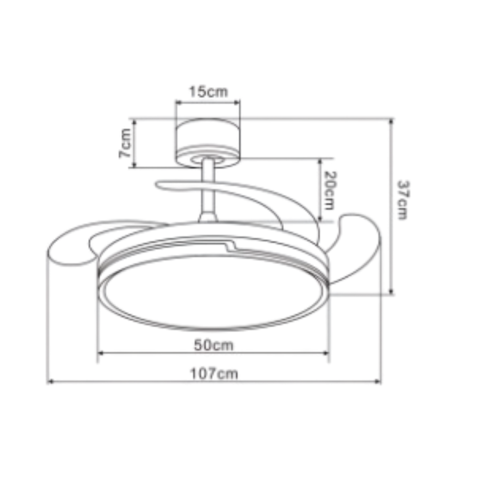 Dibujo técnico de un ventilador de techo retráctil con dimensiones.
