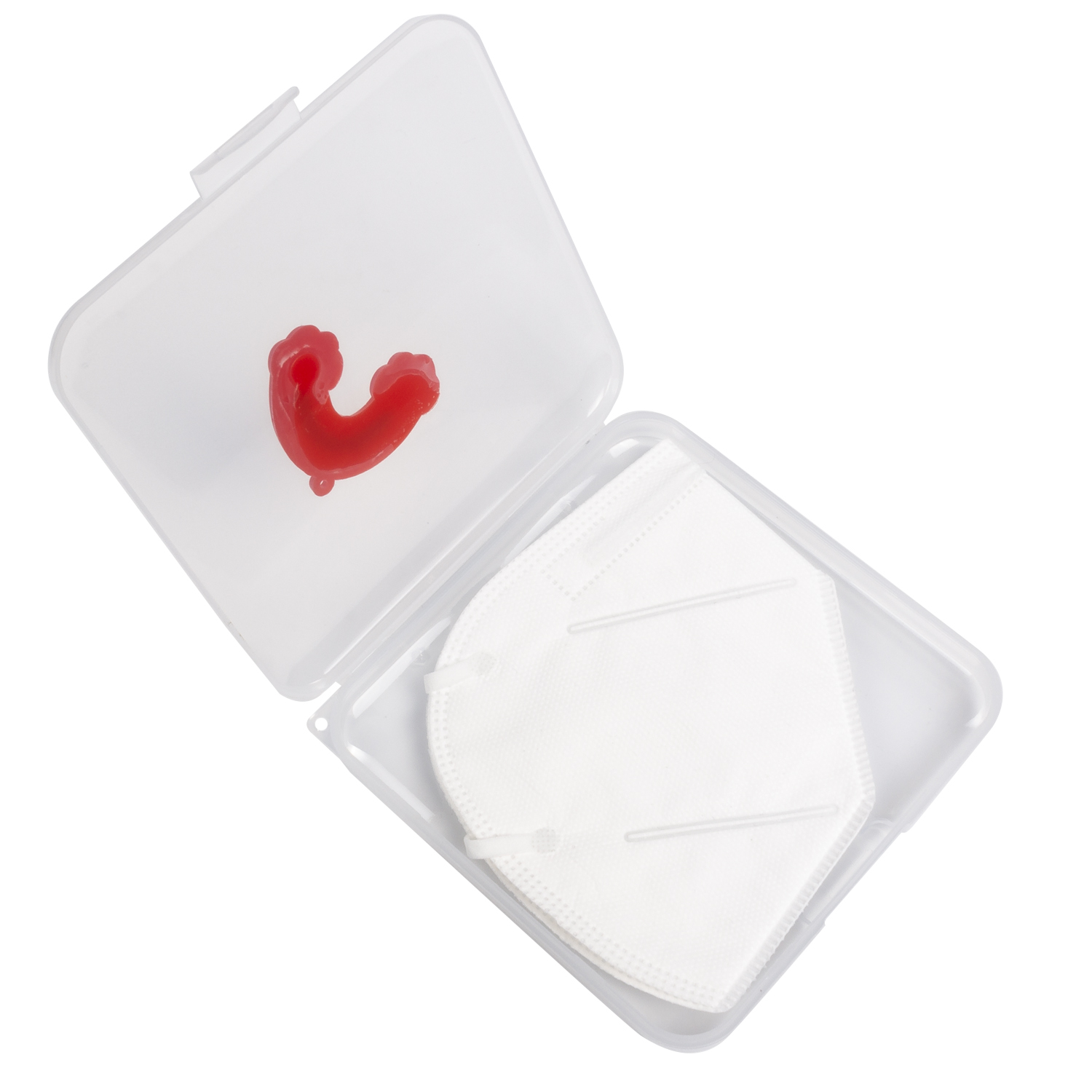 Tapones para los oídos rojos en una caja de plástico transparente con una mascarilla blanca.
