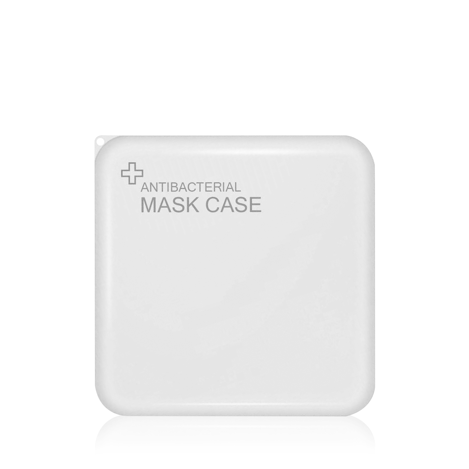 Estuche blanco para mascarilla con icono de cruz y texto.