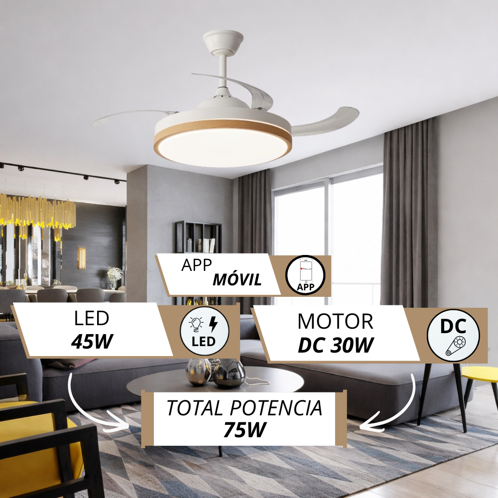 Un ventilador de techo con luz LED y mando a distancia en un salón.