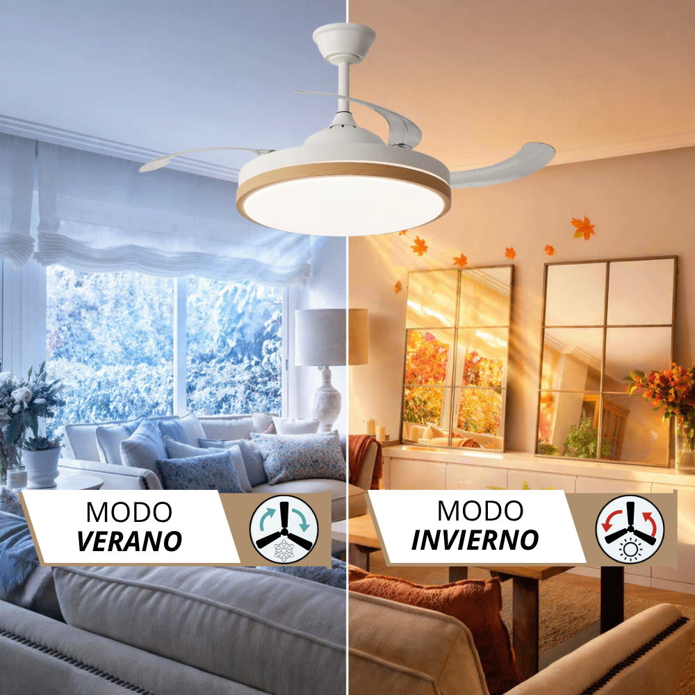 Ventilador de techo con luz, modos verano e invierno. Izquierda: vista nevada, derecha: vista otoñal.