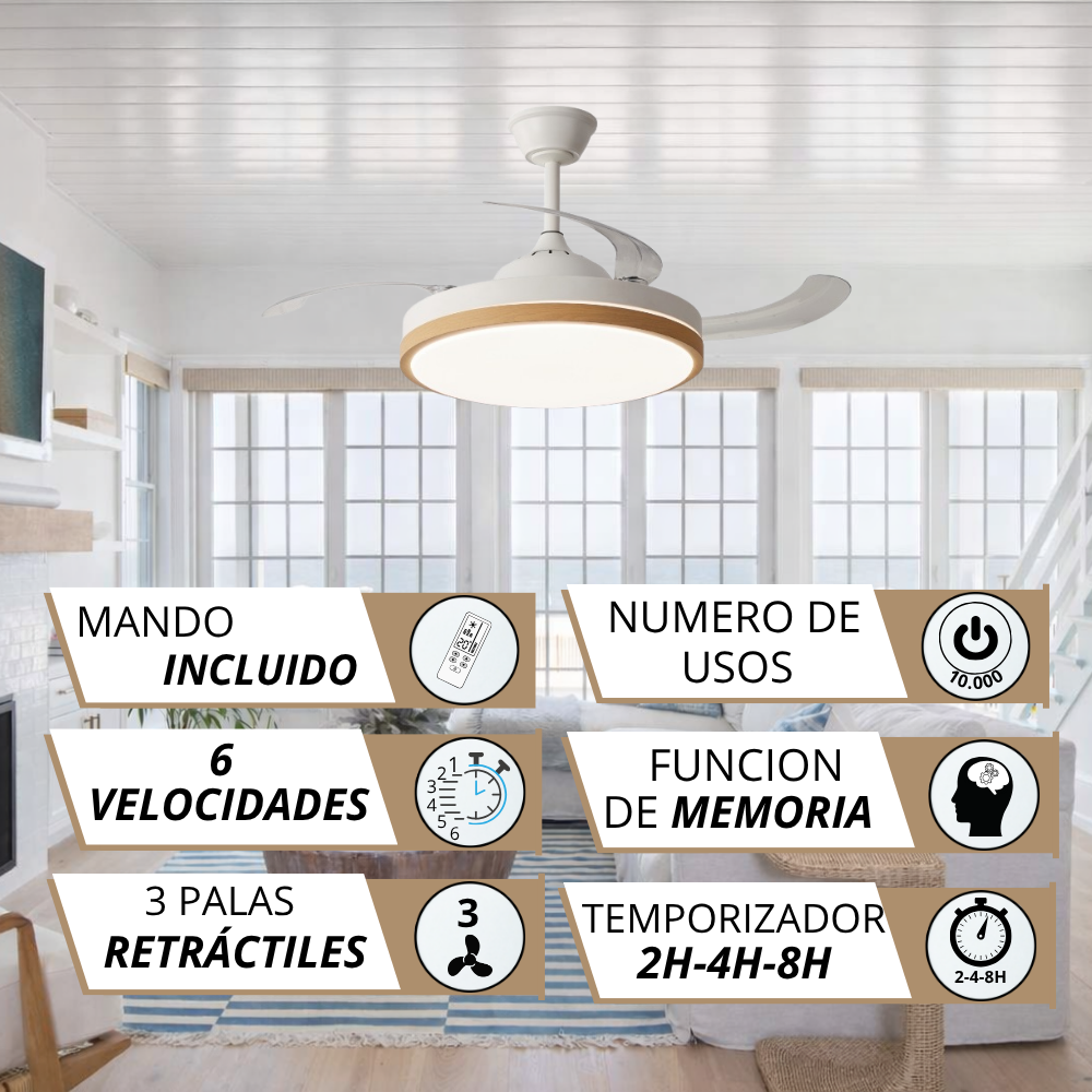Un ventilador de techo blanco con borde de madera y aspas retráctiles cuelga en una habitación luminosa con grandes ventanas.
