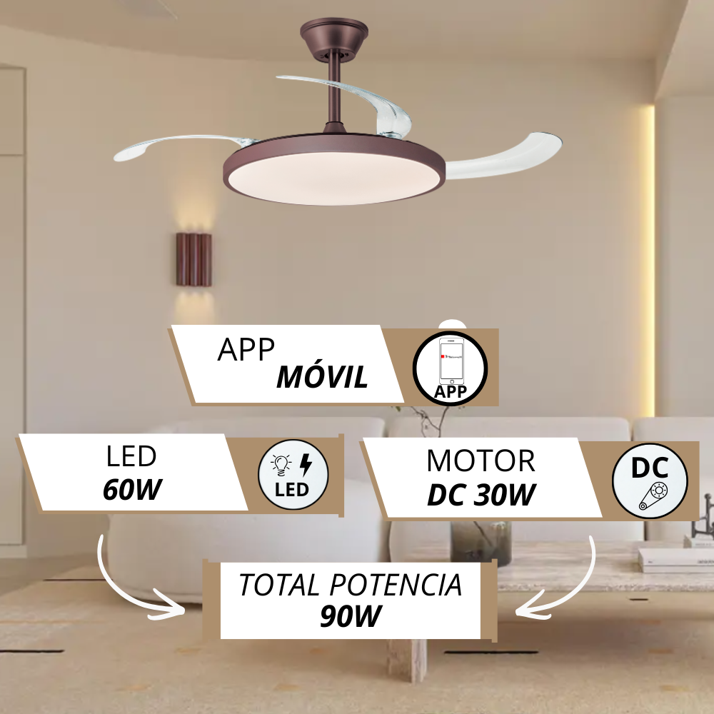 Ventilador de techo con luz LED, control por app, 60W LED, motor DC 30W, potencia total 90W.
