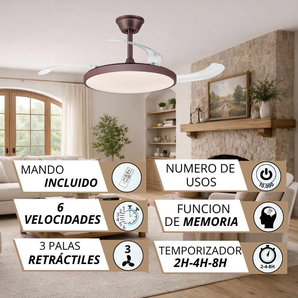 Ventilador de techo con luz, 6 velocidades, mando, temporizador.