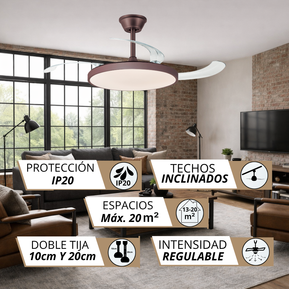 Un ventilador de techo moderno con luz sobre un sofá de sala.