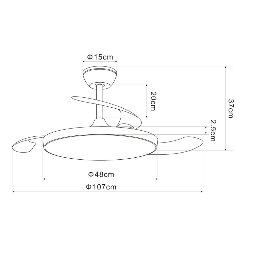 Dibujo técnico de un ventilador de techo con dimensiones.
