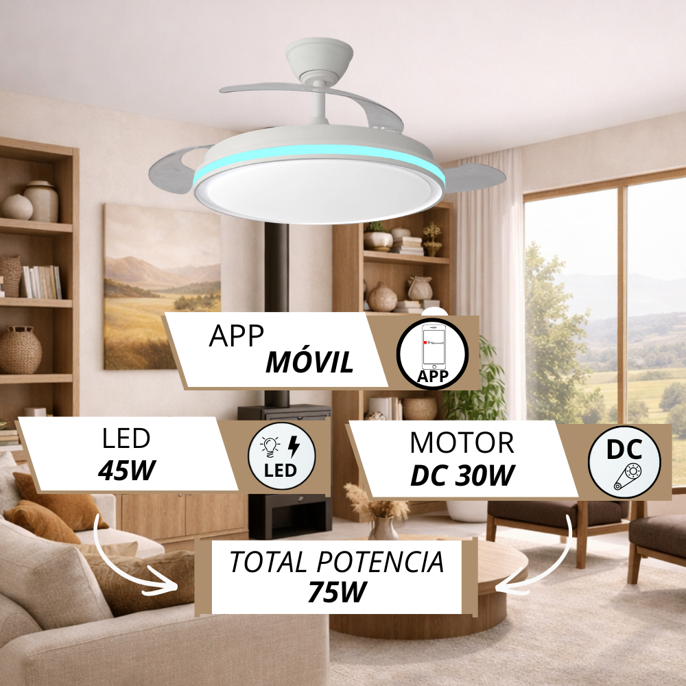 Ventilador de techo moderno con luz LED y control por app, 75W de potencia total.