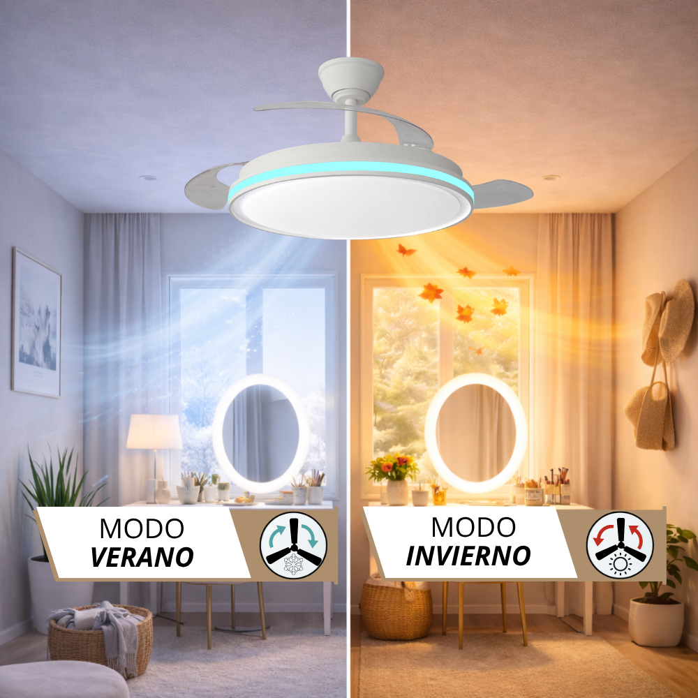 Un ventilador de techo con luz muestra modos de verano e invierno. Aire azul para verano, aire naranja para invierno.