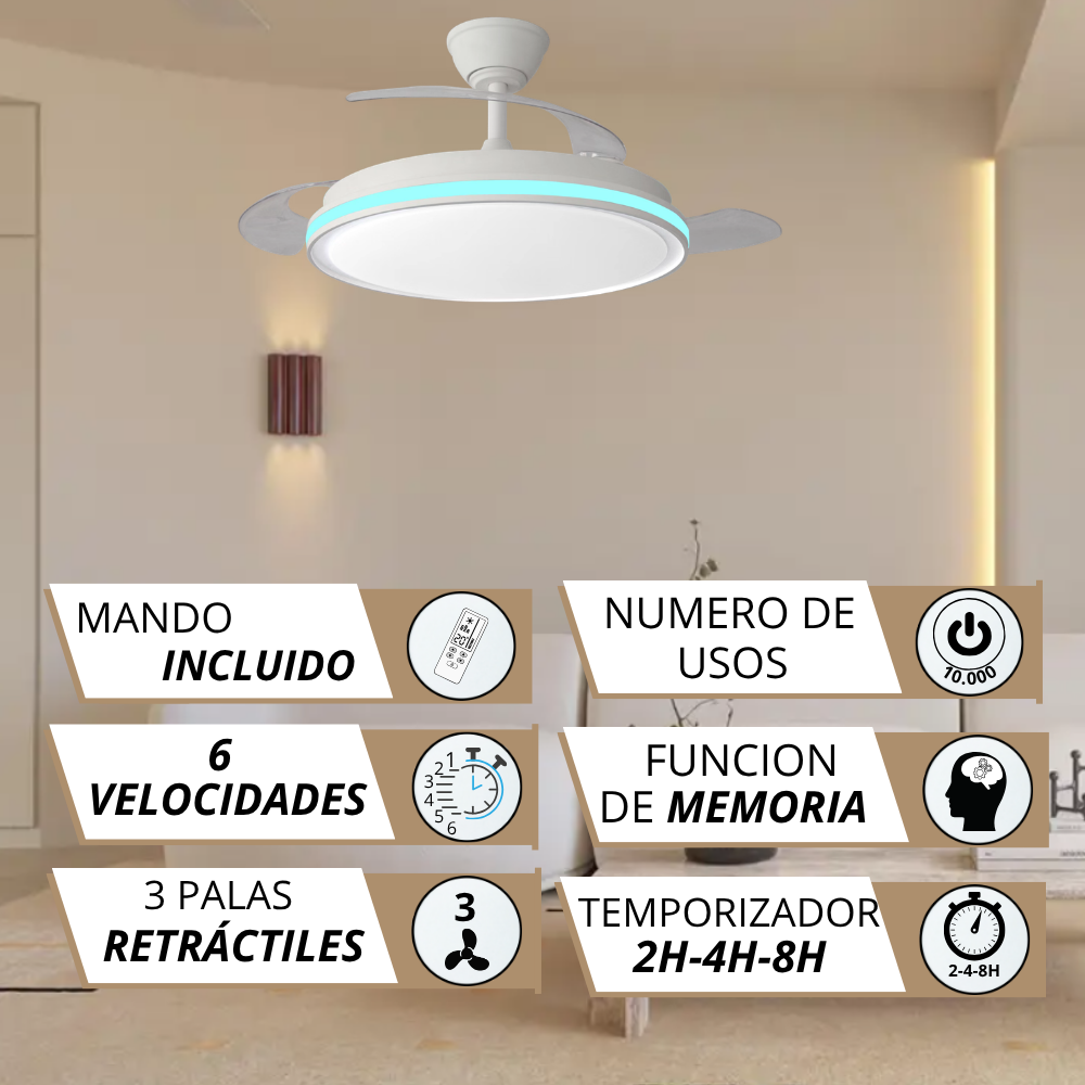 Un ventilador de techo blanco con luz y aspas retráctiles, incluye mando.