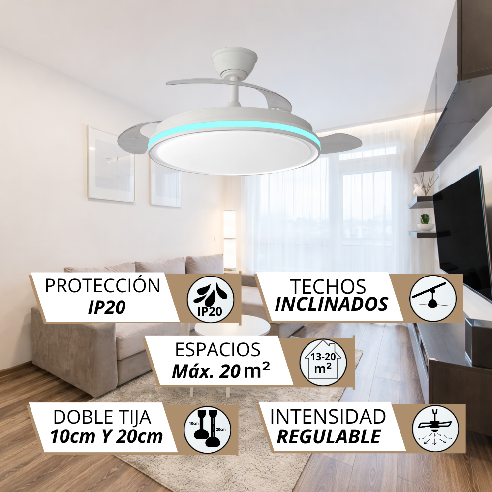 Ventilador de techo moderno con luz LED y superposiciones de texto.