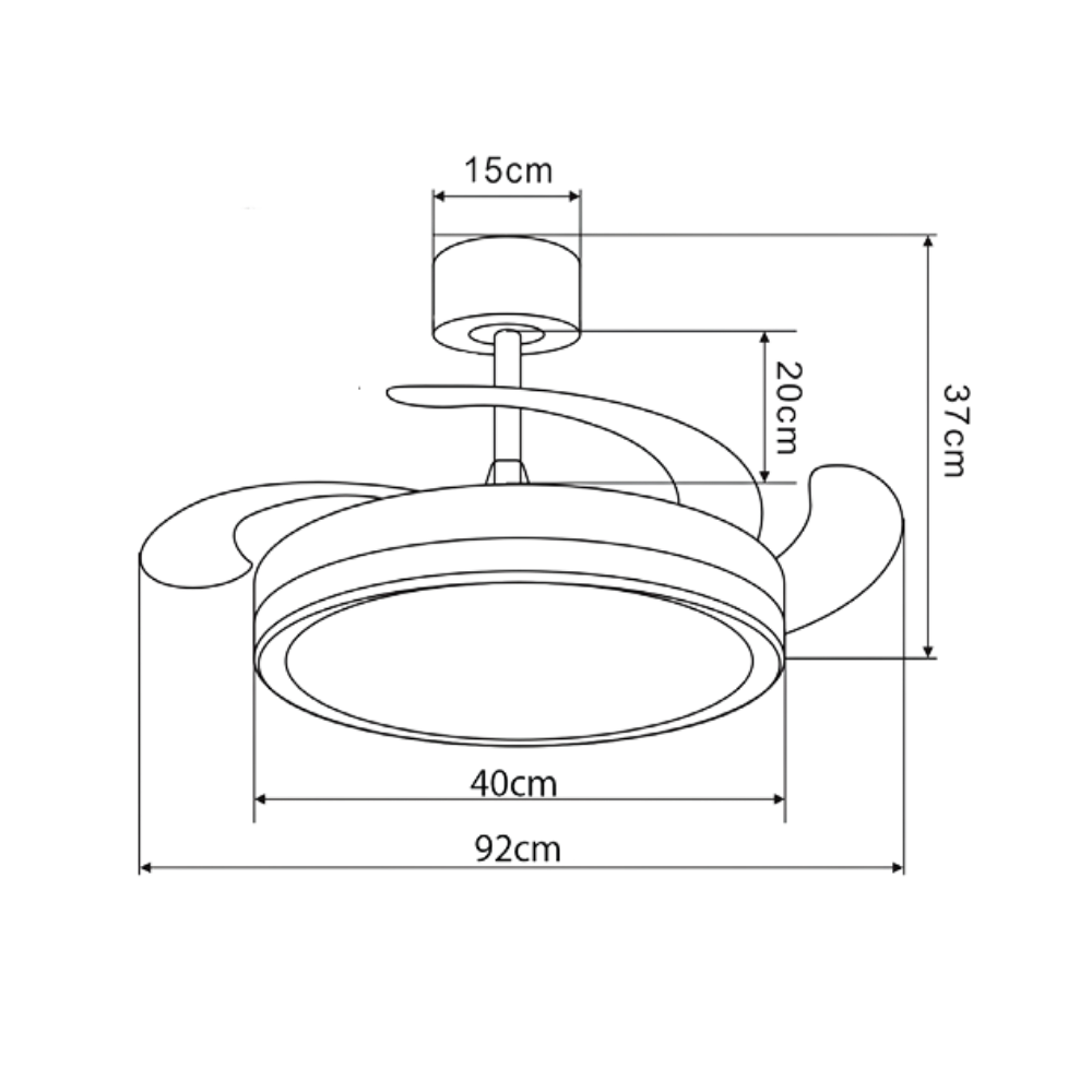 Dibujo técnico de un ventilador de techo con dimensiones: 15cm, 20cm, 37cm, 40cm, 92cm.