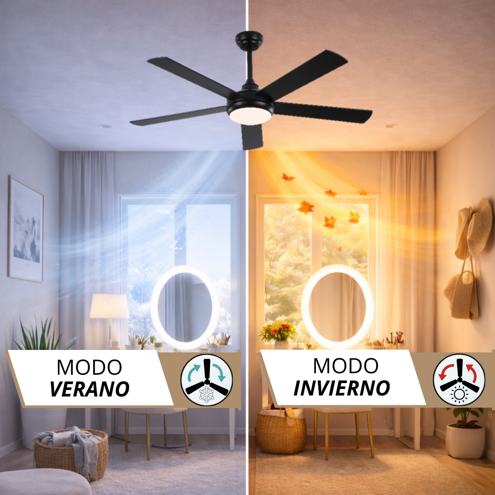 Ventilador de techo en modo verano e invierno, mostrando flujos de aire.