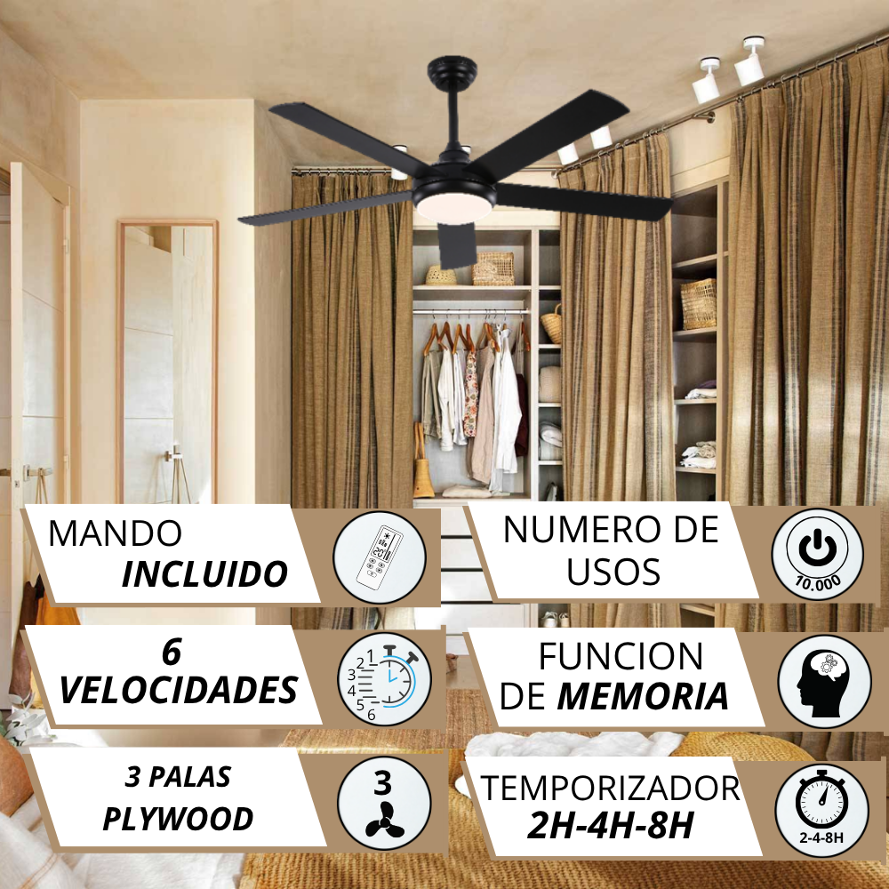 Ventilador de techo negro con mando, 6 velocidades, 3 palas de madera.