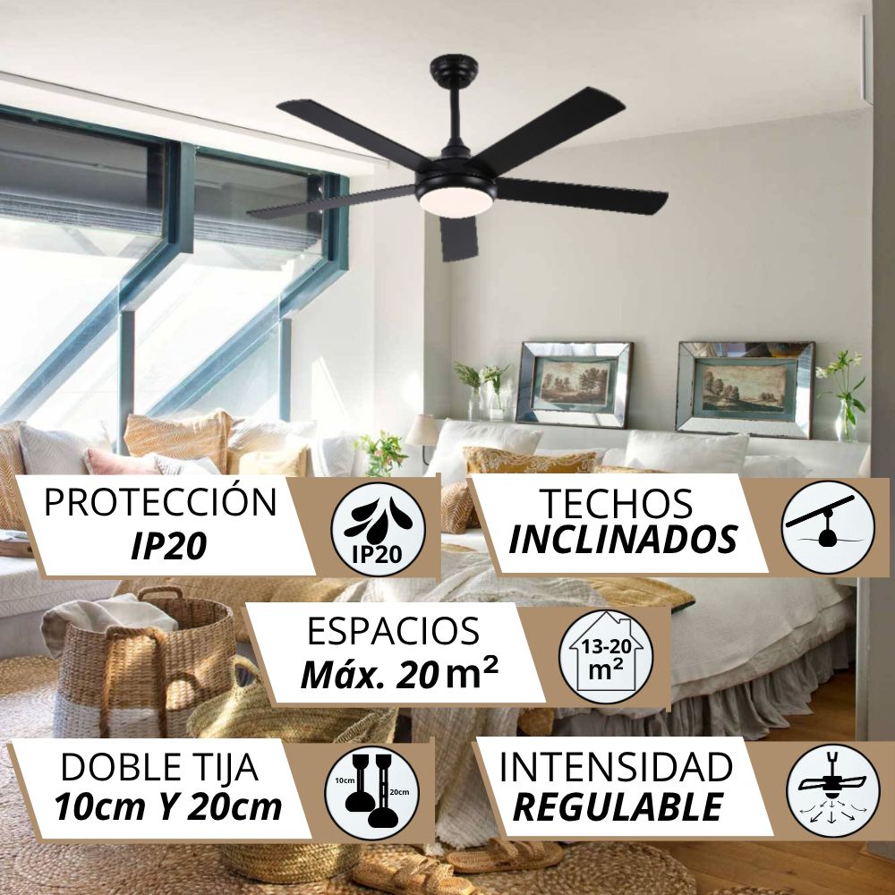 Ventilador de techo negro con luz sobre una cama, con especificaciones.