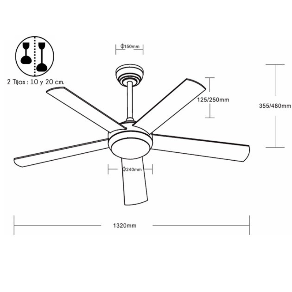 Dibujo técnico de un ventilador de techo con dimensiones de diámetro y longitud.