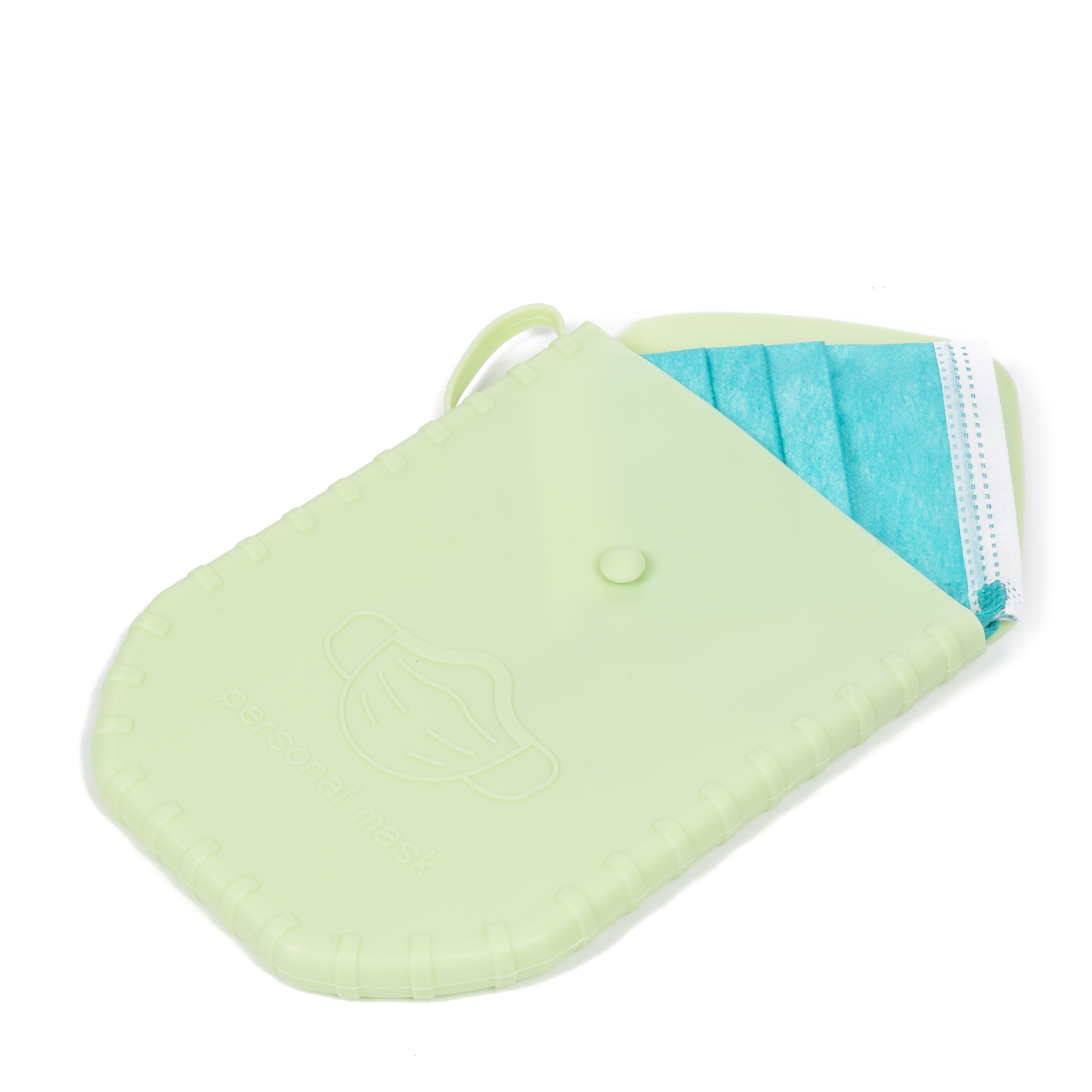 Estuche verde claro para mascarillas con mascarillas azules