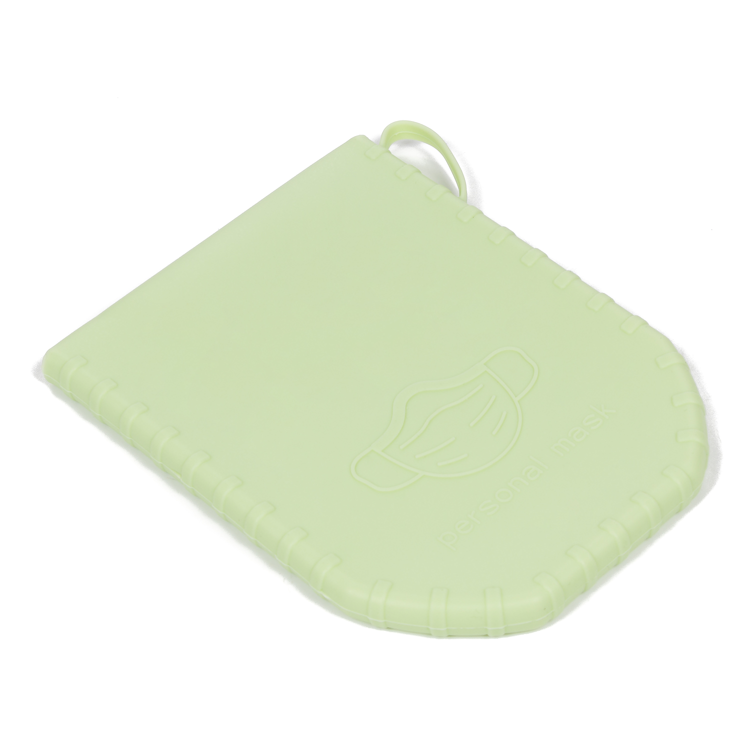 Una caja de mascarilla verde claro con icono y texto.