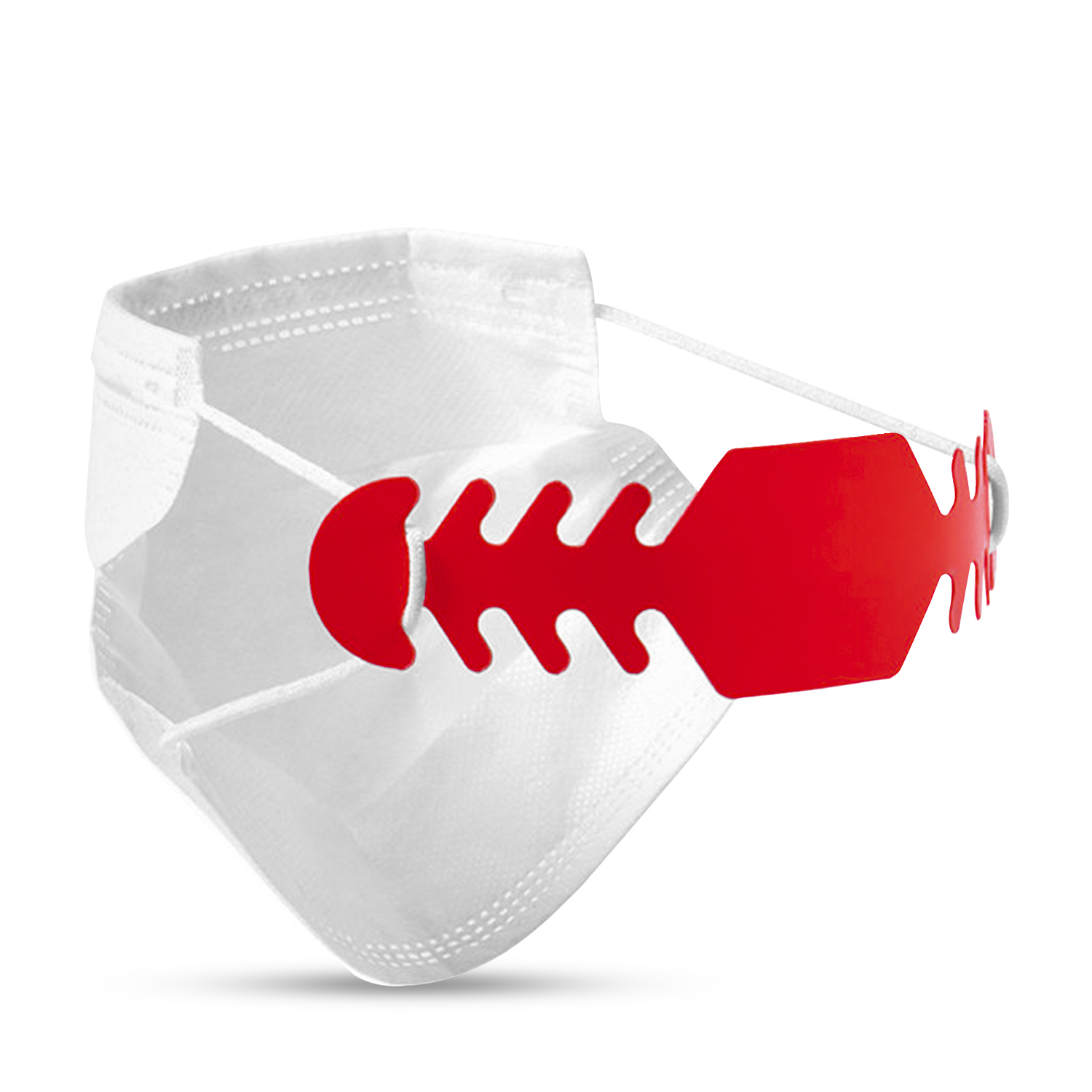 Mascarilla blanca con banda roja para sujetar.