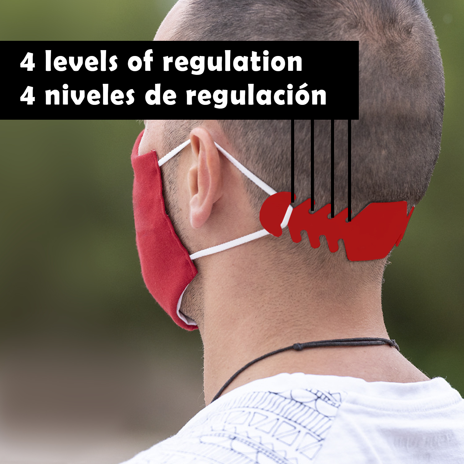 Hombre con mascarilla roja y casco rojo con 4 niveles de regulación.