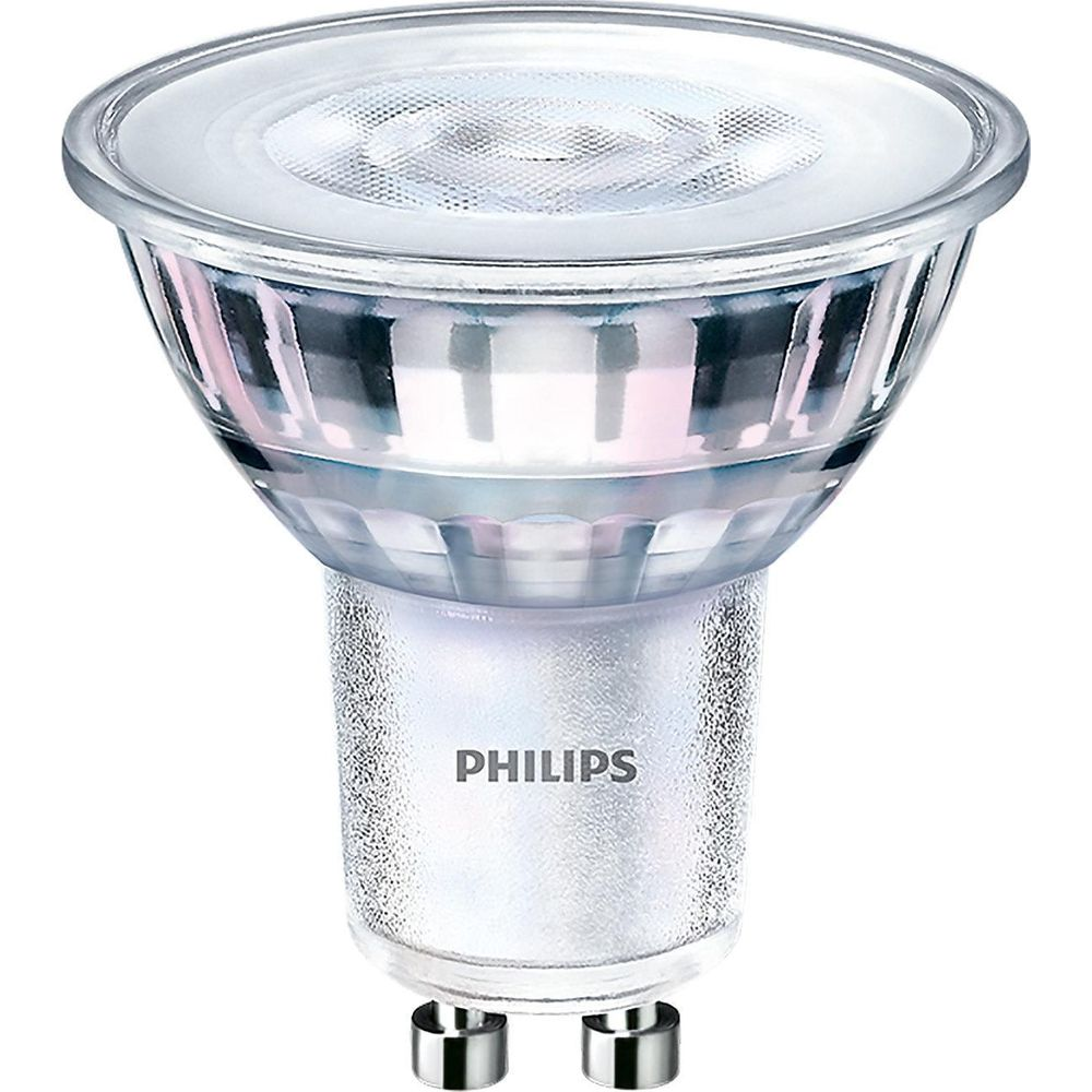 Una lampadina LED Philips con base GU10, bianca e trasparente.