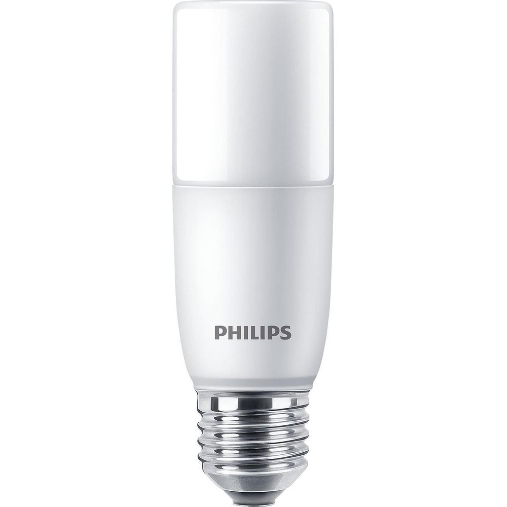 Una lampadina LED Philips bianca con base a vite argentata su sfondo bianco.